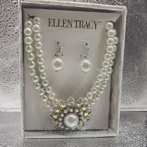 Ellen Tracy White Pearl Necklace with Silver Floral Design
